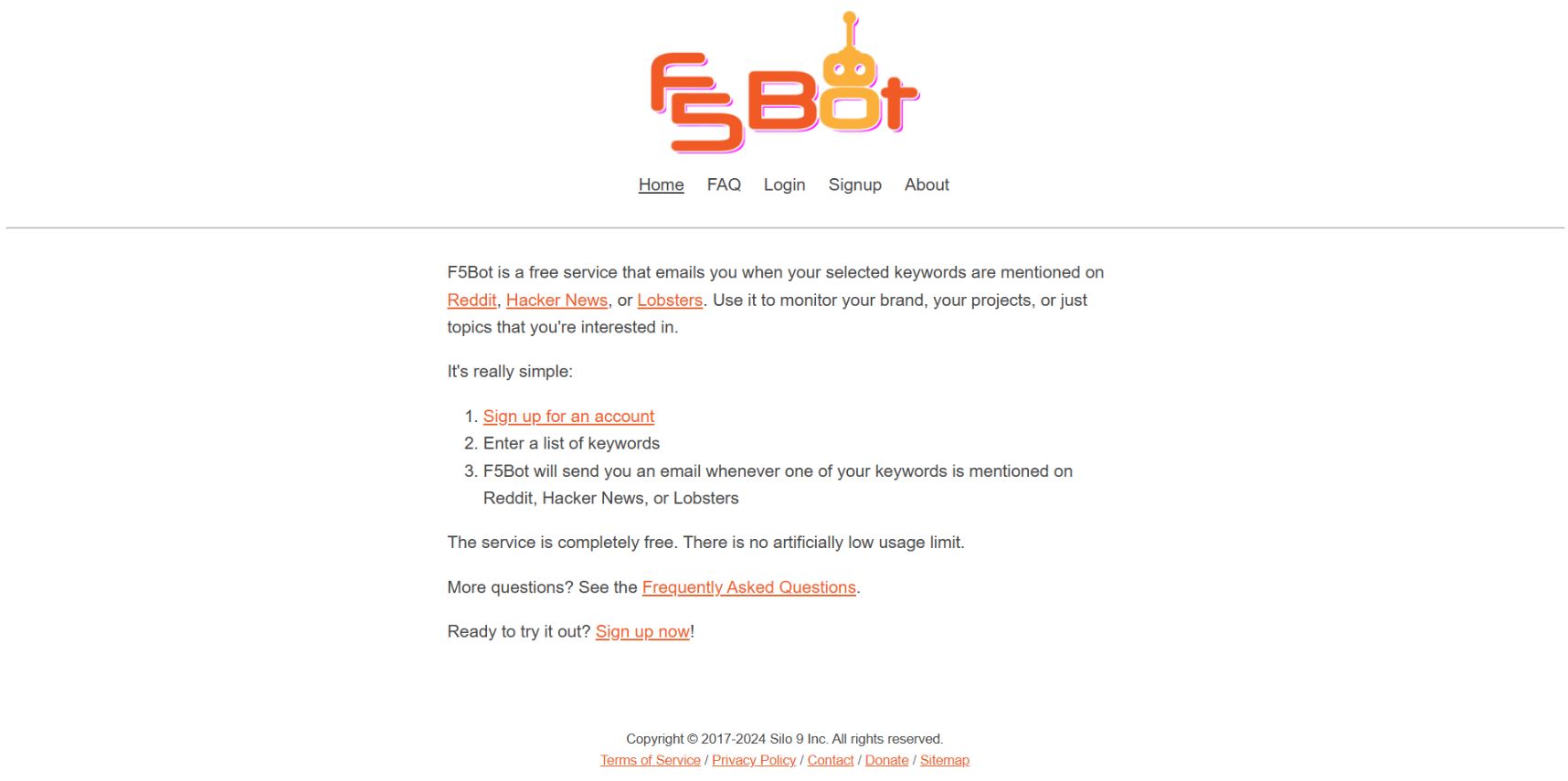 F5Bot's free social listening tool homepage